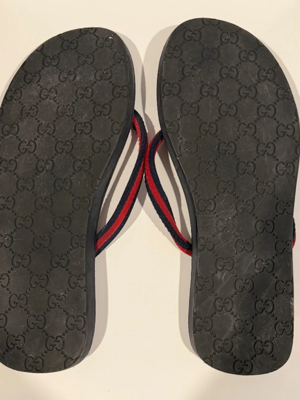 Gucci Brown Leather Flip Flops with Red & Blue Straps